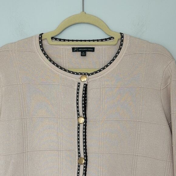 Adrianna Papell Check Tipped Cardigan Womens Medium Button Front Tan Old Money - Picture 2 of 9